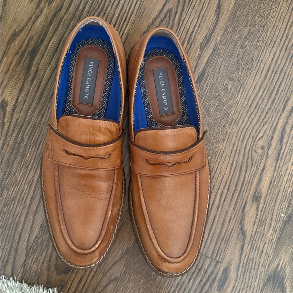 Vince Camuto Men's Cognac Leather Penny Loafers with Blue Lining - Picture 3 of 8